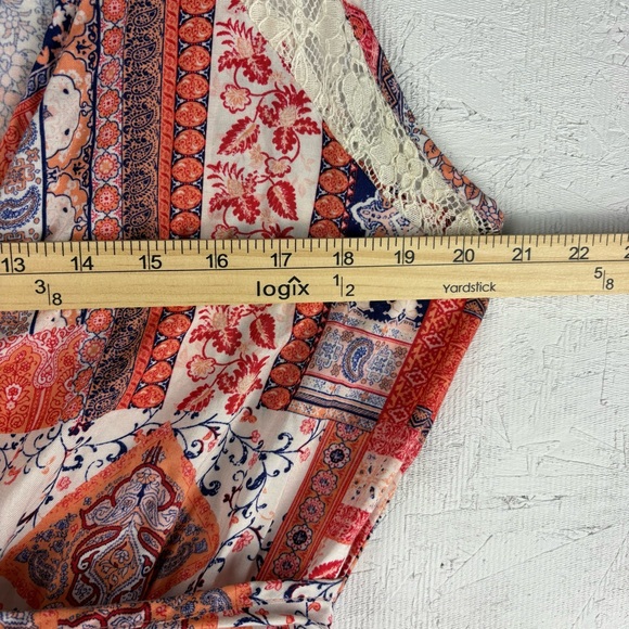 Les Amis Colorful Patchwork Bohemian Sleeveless Romper Large USA Made Lace Hem - Picture 6 of 8